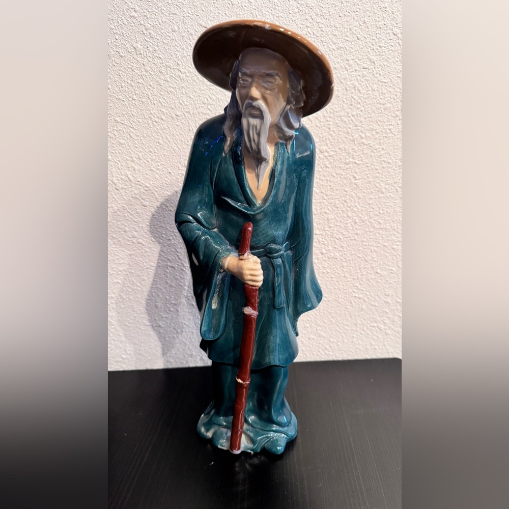 Vintage Asian Woman Holding a Bowl Statue Oriental Glazed Ceramic Figurine